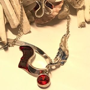 Unique Passion Silver and Red Necklace and Earring